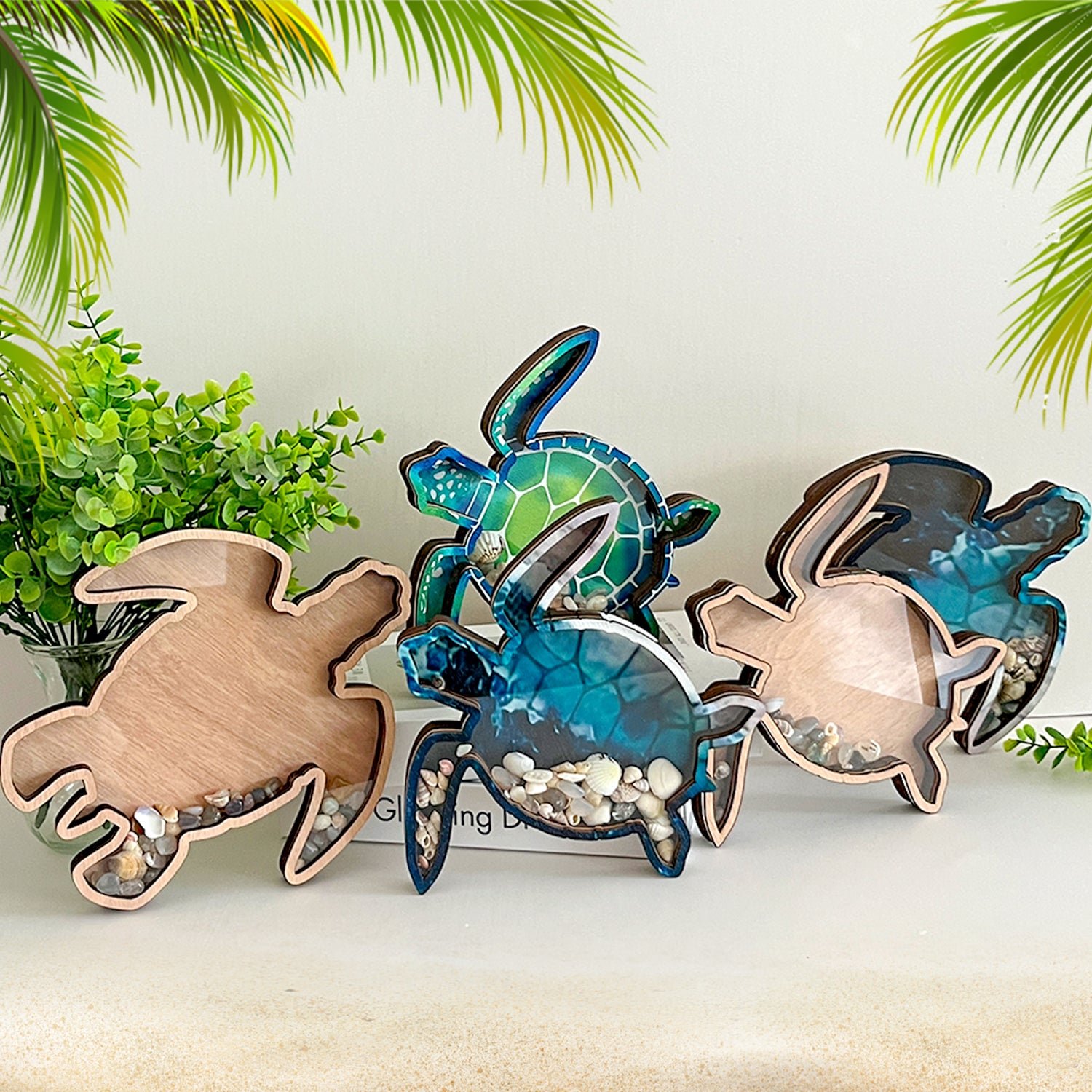 Wooden Display Case with Acrylic Window, Shadow Box for Seashells, Agates, Beach Glass, Sea Turtle, Maple (Blue & Green))