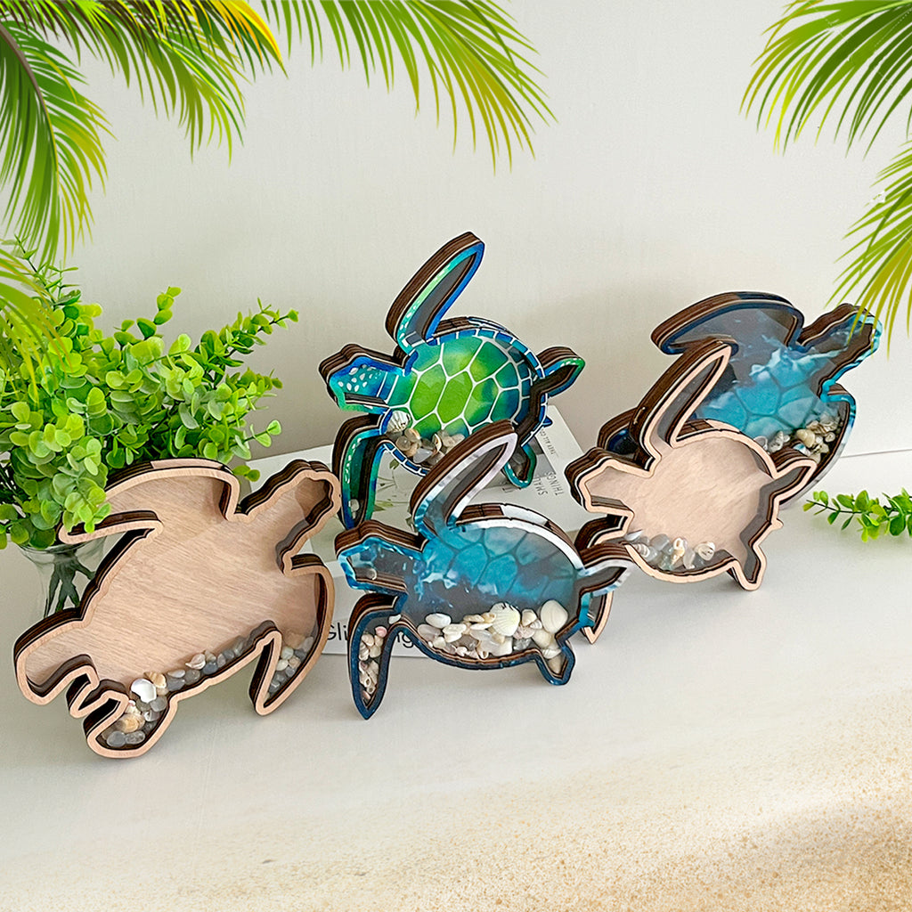 Wooden Display Case with Acrylic Window, Shadow Box for Seashells, Agates, Beach Glass, Sea Turtle, Maple (Blue & Green))