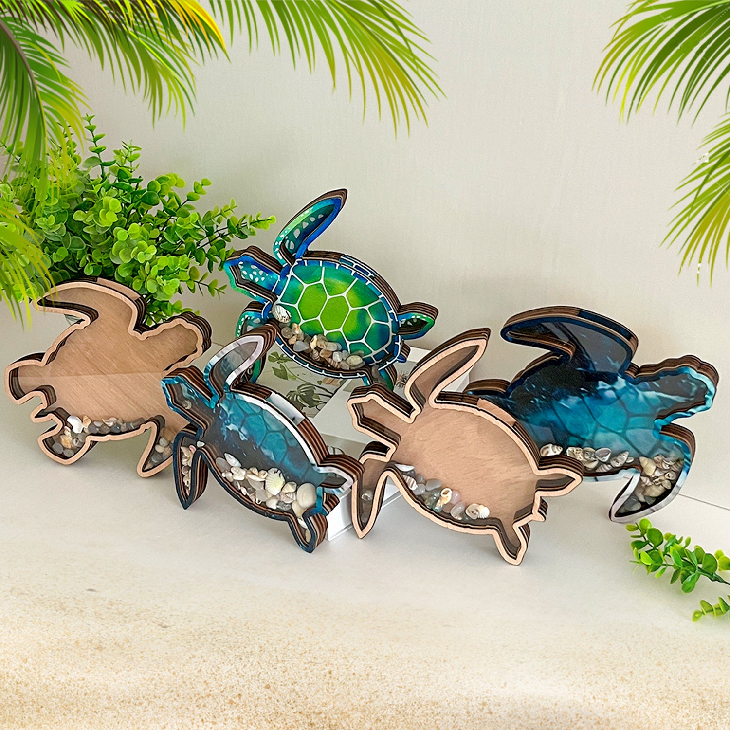 Wooden Display Case with Acrylic Window, Shadow Box for Seashells, Agates, Beach Glass, Sea Turtle, Maple (Blue & Green))