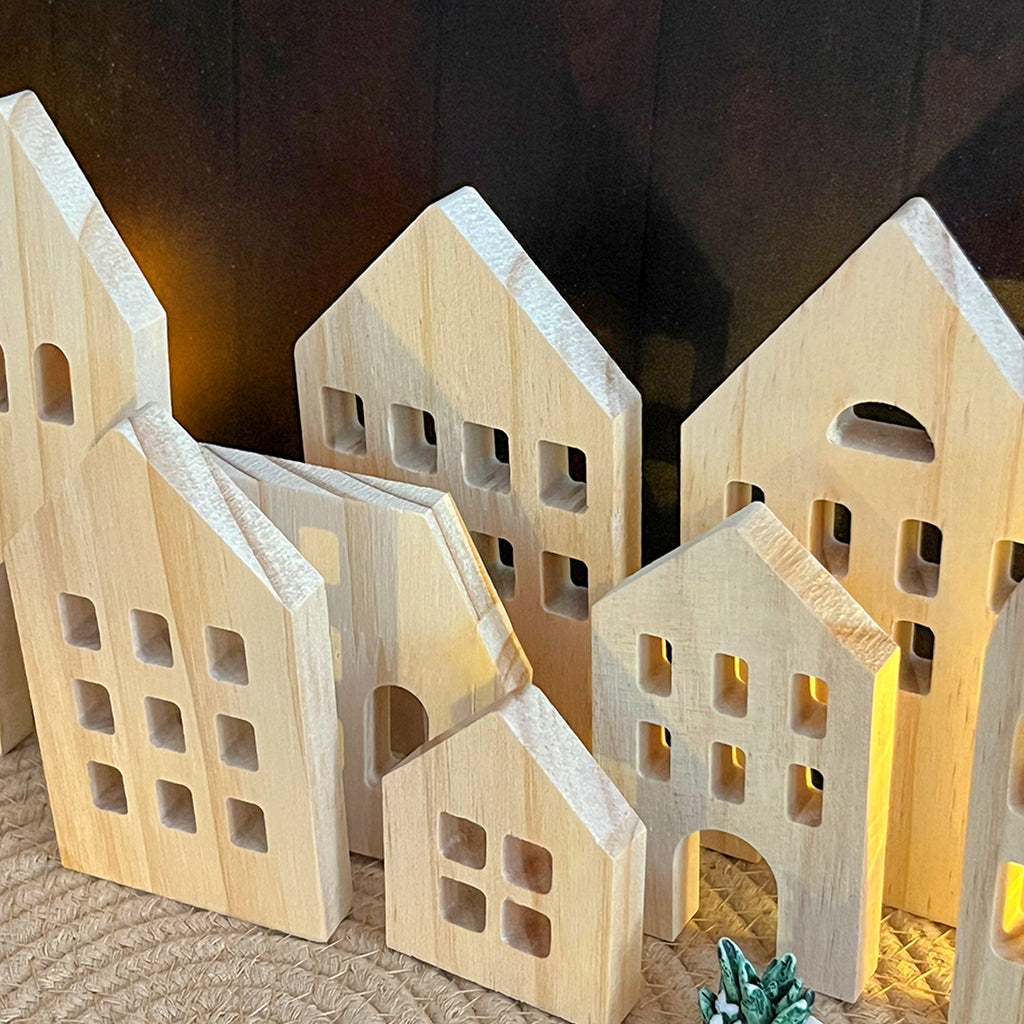 Wooden House Shaped Blank Cutout Blocks with Hole, Unfinished Wood Silhouettes, Set of 7, for Home Kitchen Office Shelf Coffee Bar Decor