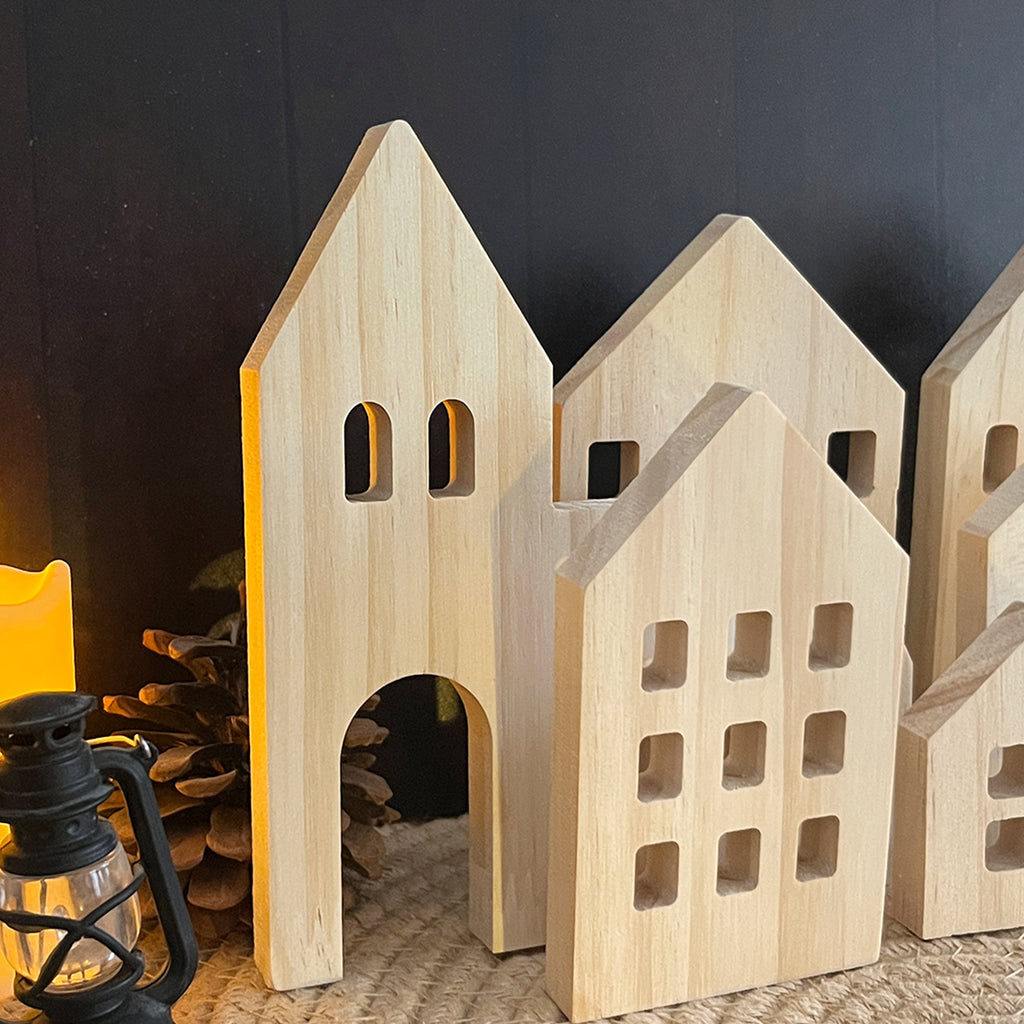 Wooden House Shaped Blank Cutout Blocks with Hole, Unfinished Wood Silhouettes, Set of 7, for Home Kitchen Office Shelf Coffee Bar Decor