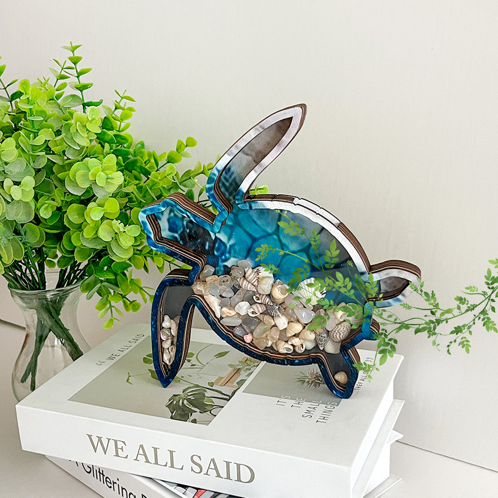 Wooden Display Case with Acrylic Window, Shadow Box for Seashells, Agates, Beach Glass, Sea Turtle, Maple (Blue & Green))