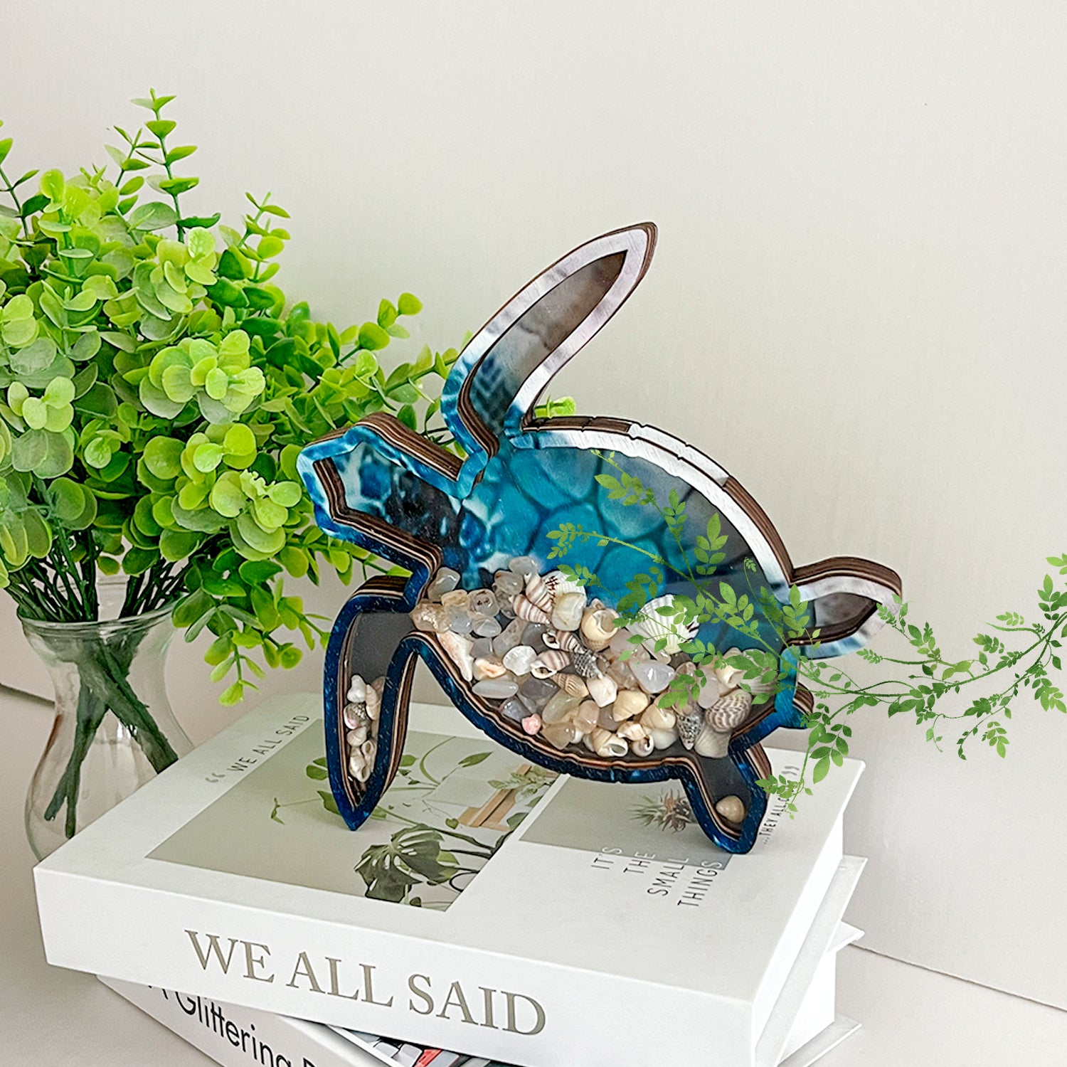 Wooden Display Case with Acrylic Window, Shadow Box for Seashells, Agates, Beach Glass, Sea Turtle, Maple (Blue & Green))