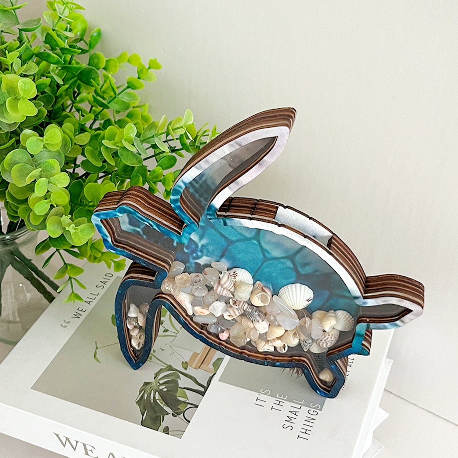 Wooden Display Case with Acrylic Window, Shadow Box for Seashells, Agates, Beach Glass, Sea Turtle, Maple (Blue & Green))