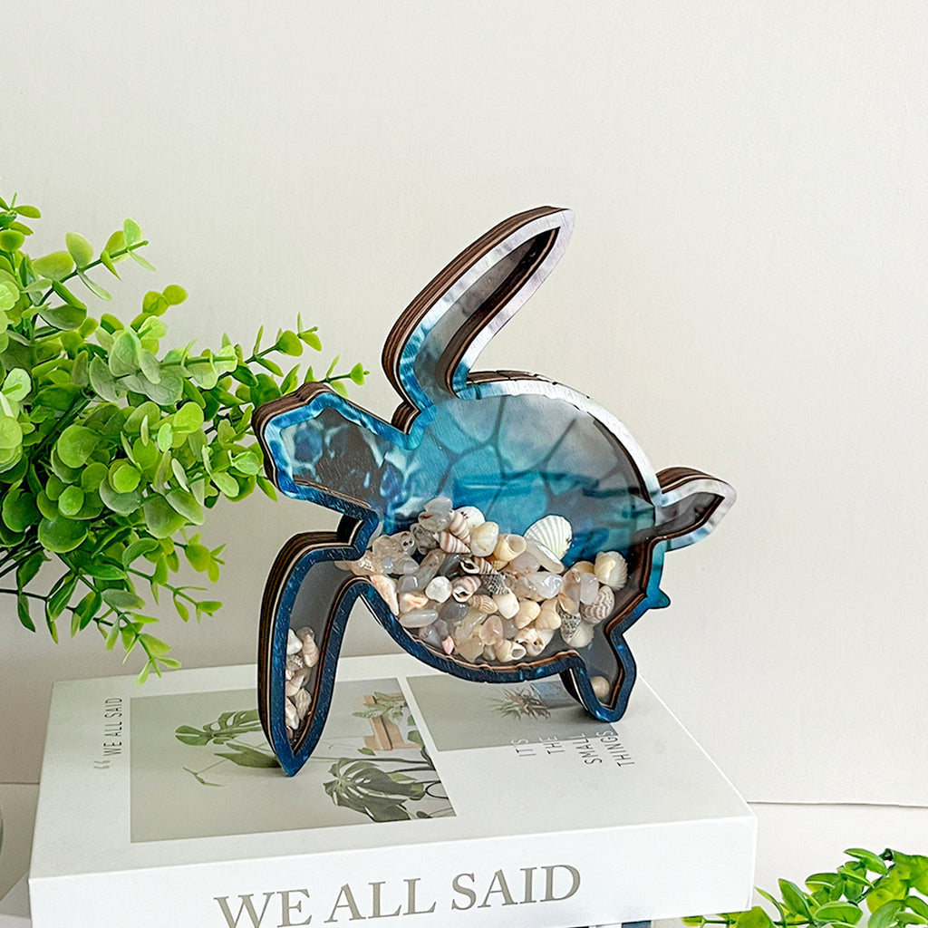 Wooden Display Case with Acrylic Window, Shadow Box for Seashells, Agates, Beach Glass, Sea Turtle, Maple (Blue & Green))