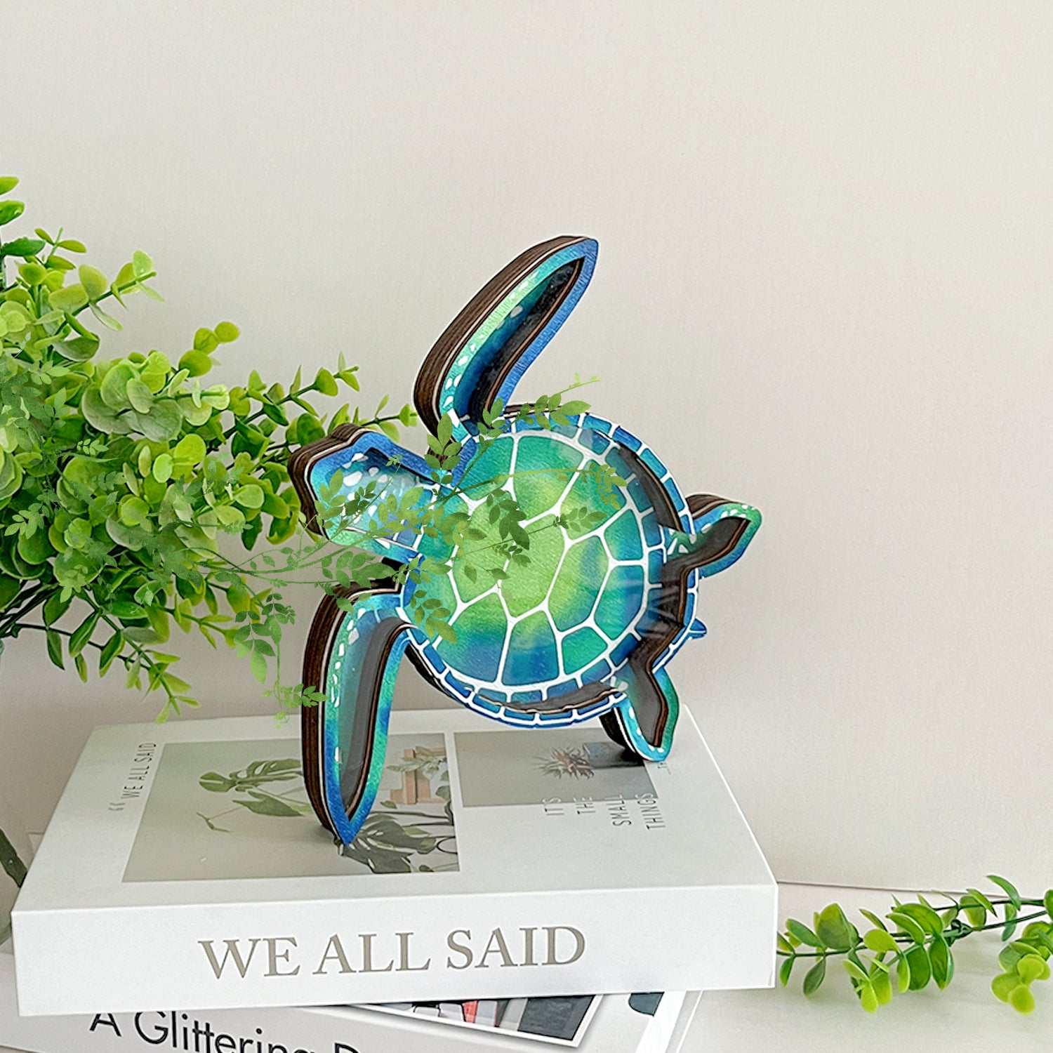 Wooden Display Case with Acrylic Window, Shadow Box for Seashells, Agates, Beach Glass, Sea Turtle, Maple (Blue & Green))