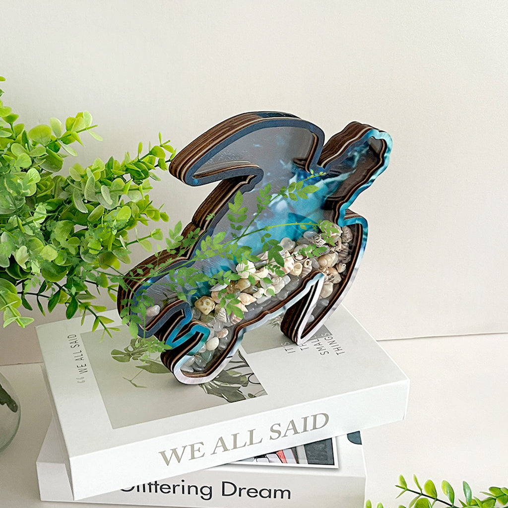 Wooden Display Case with Acrylic Window, Shadow Box for Seashells, Agates, Beach Glass, Sea Turtle, Maple (Blue & Green))