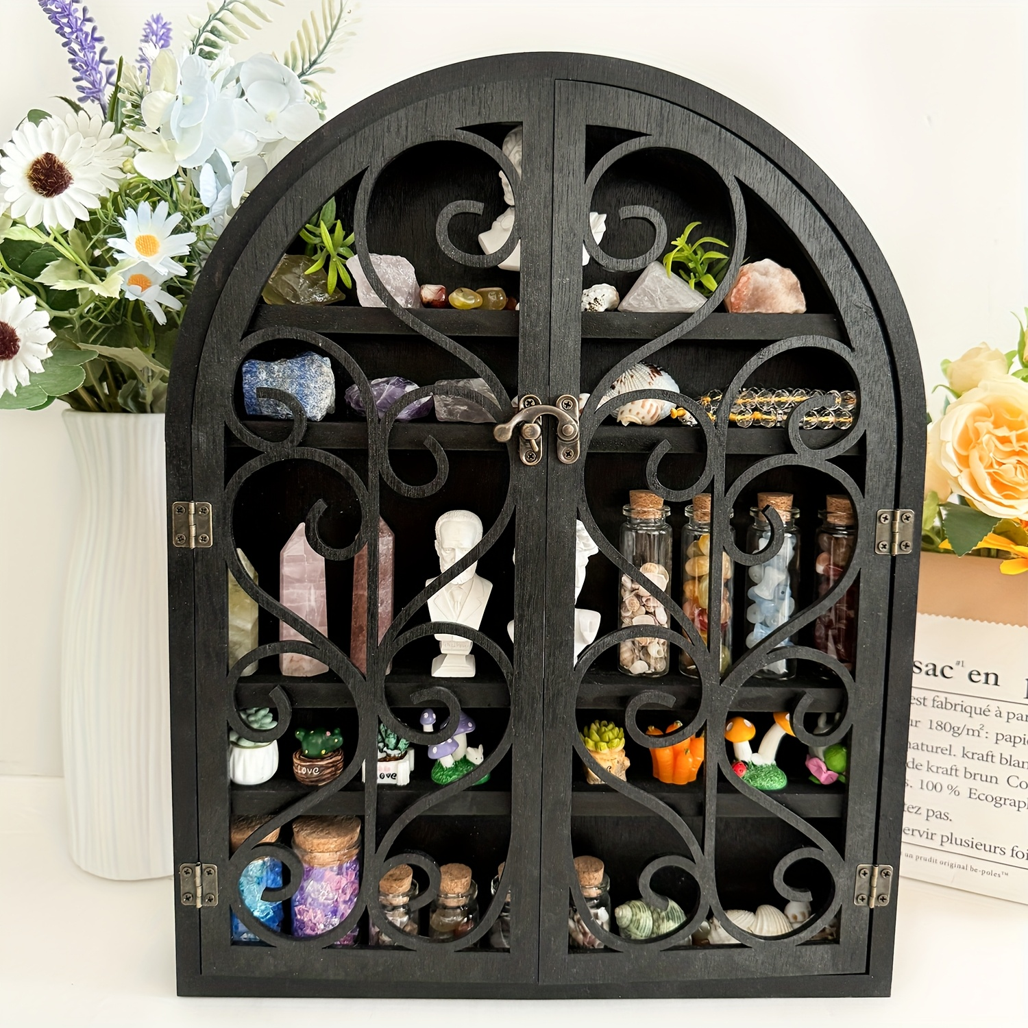 Apothecary Cabinet Floating Shelf, Hardwood Crystal Display Cabinet for Stones, Essential Oils, Nail Polish, Witchy Whimsical Home Decor