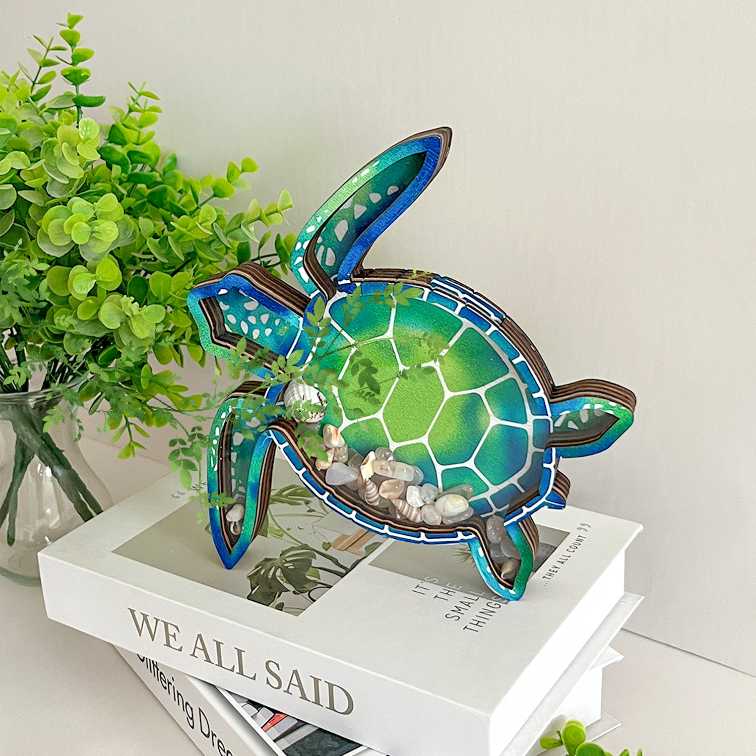 Wooden Display Case with Acrylic Window, Shadow Box for Seashells, Agates, Beach Glass, Sea Turtle, Maple (Blue & Green))