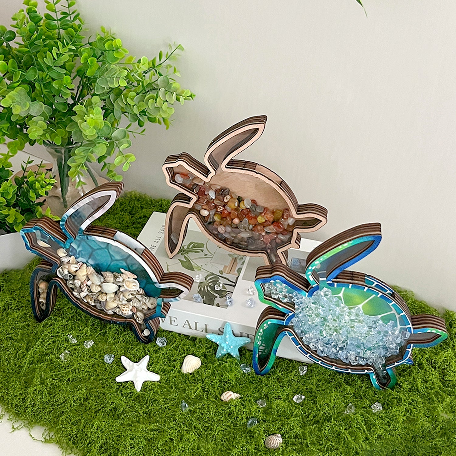 Wooden Display Case with Acrylic Window, Shadow Box for Seashells, Agates, Beach Glass, Sea Turtle, Maple (Blue & Green))