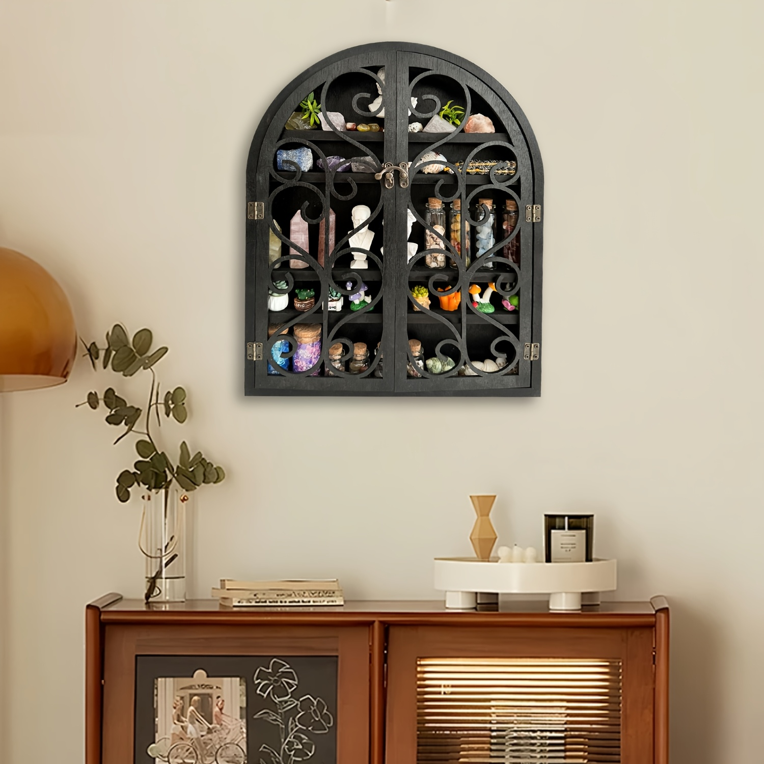 Apothecary Cabinet Floating Shelf, Hardwood Crystal Display Cabinet for Stones, Essential Oils, Nail Polish, Witchy Whimsical Home Decor