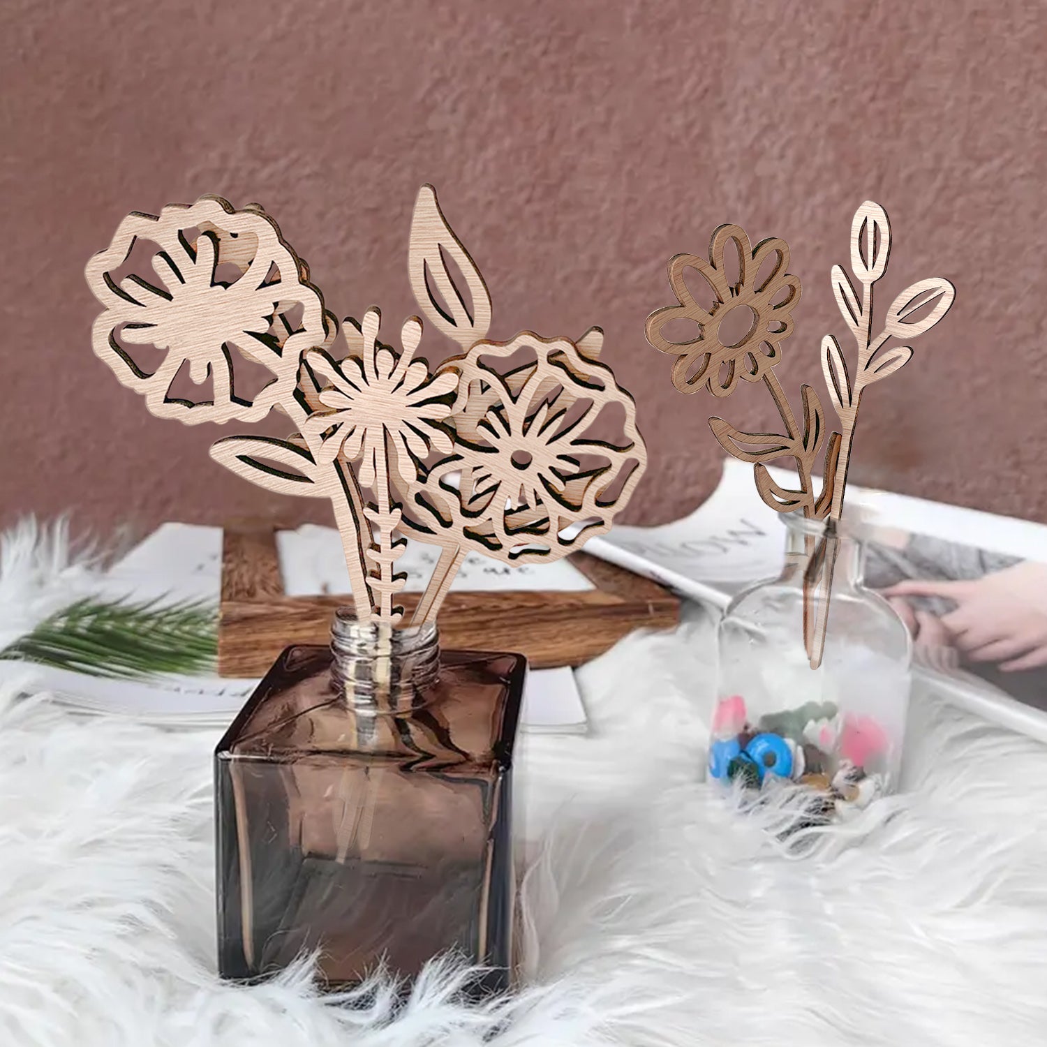 Wooden Wildflower Decor Set, Laser Cut Wood Flower Cutout Signs with Stems, DIY Art Decoration for Home, Birthday, Holiday