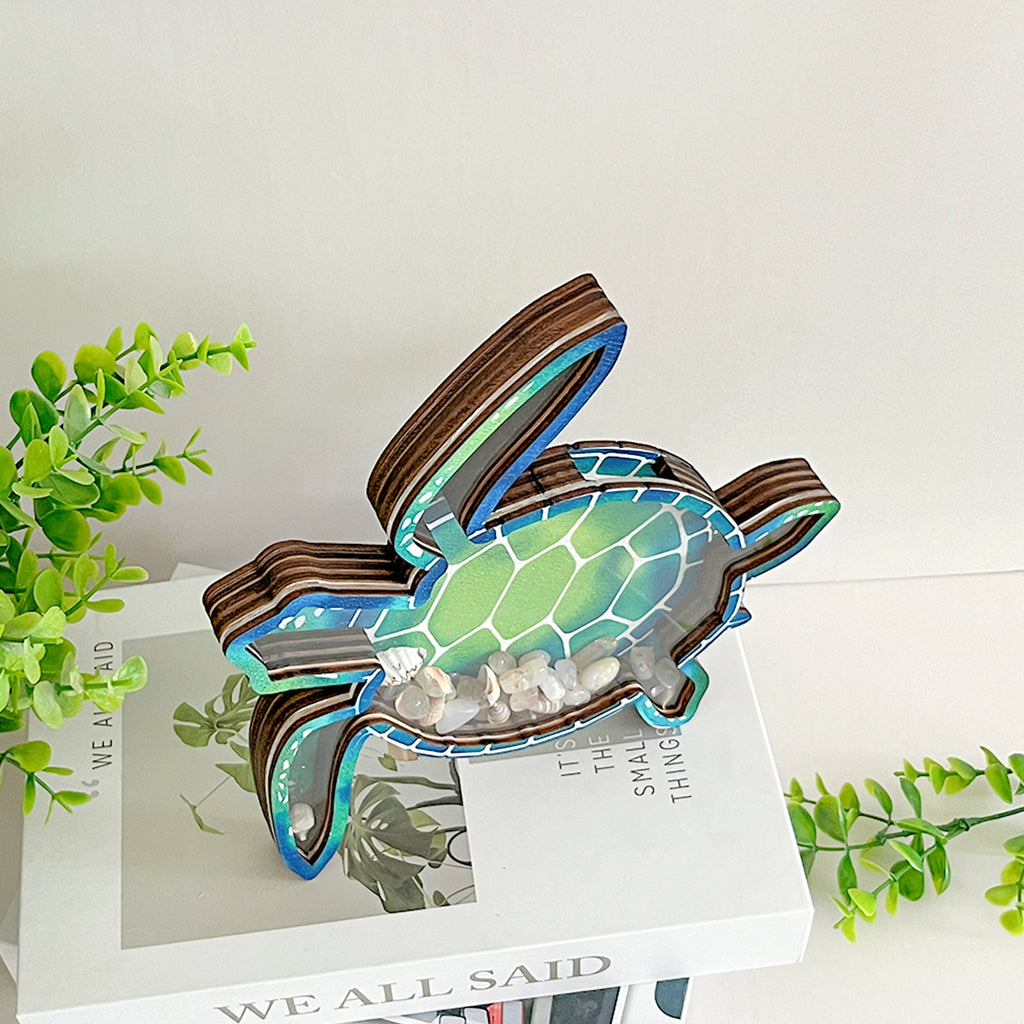 Wooden Display Case with Acrylic Window, Shadow Box for Seashells, Agates, Beach Glass, Sea Turtle, Maple (Blue & Green))