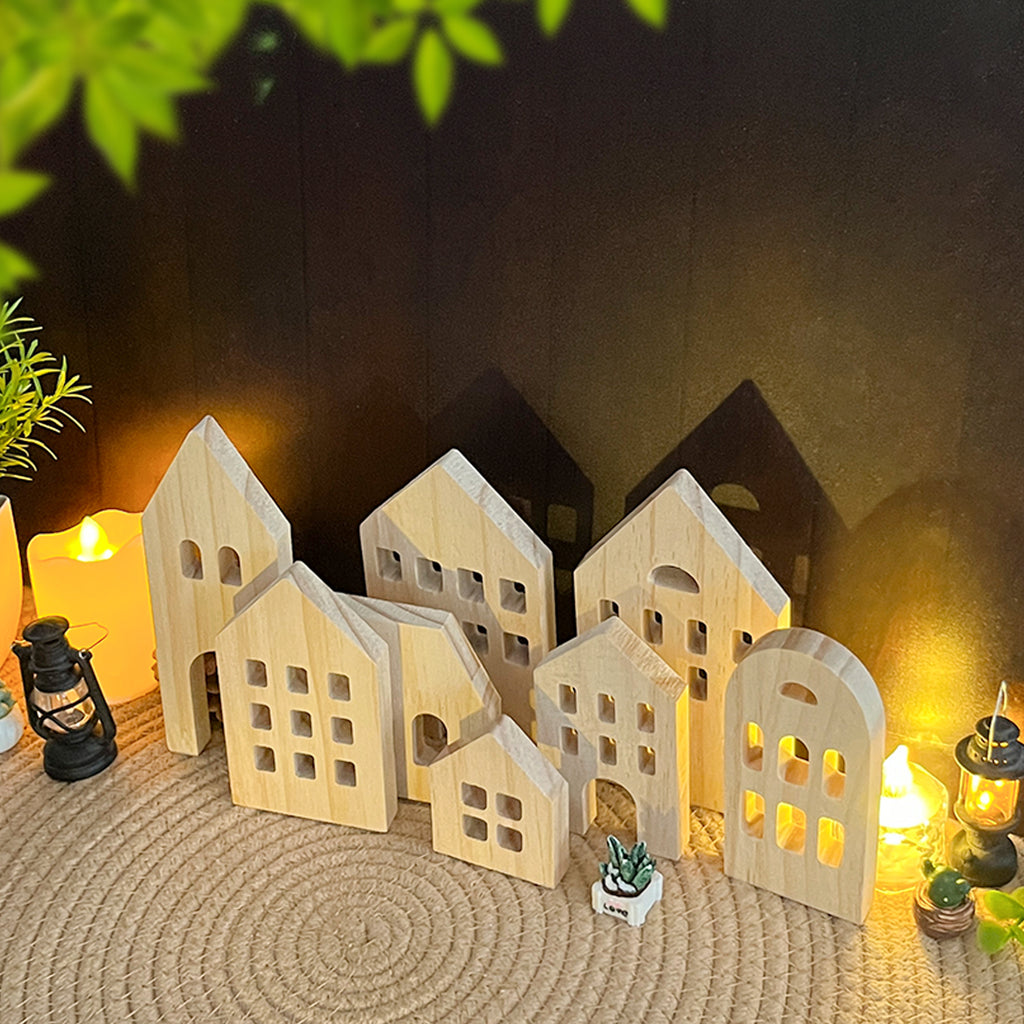 Wooden House Shaped Blank Cutout Blocks with Hole, Unfinished Wood Silhouettes, Set of 7, for Home Kitchen Office Shelf Coffee Bar Decor