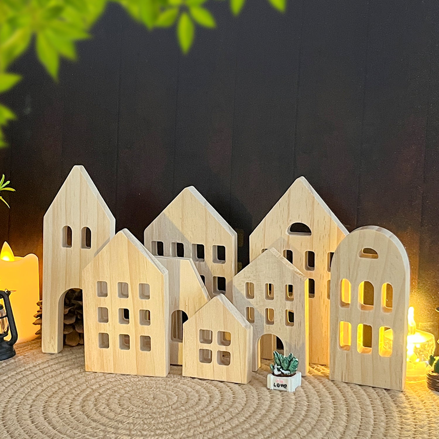 Wooden House Shaped Blank Cutout Blocks with Hole, Unfinished Wood Silhouettes, Set of 7, for Home Kitchen Office Shelf Coffee Bar Decor