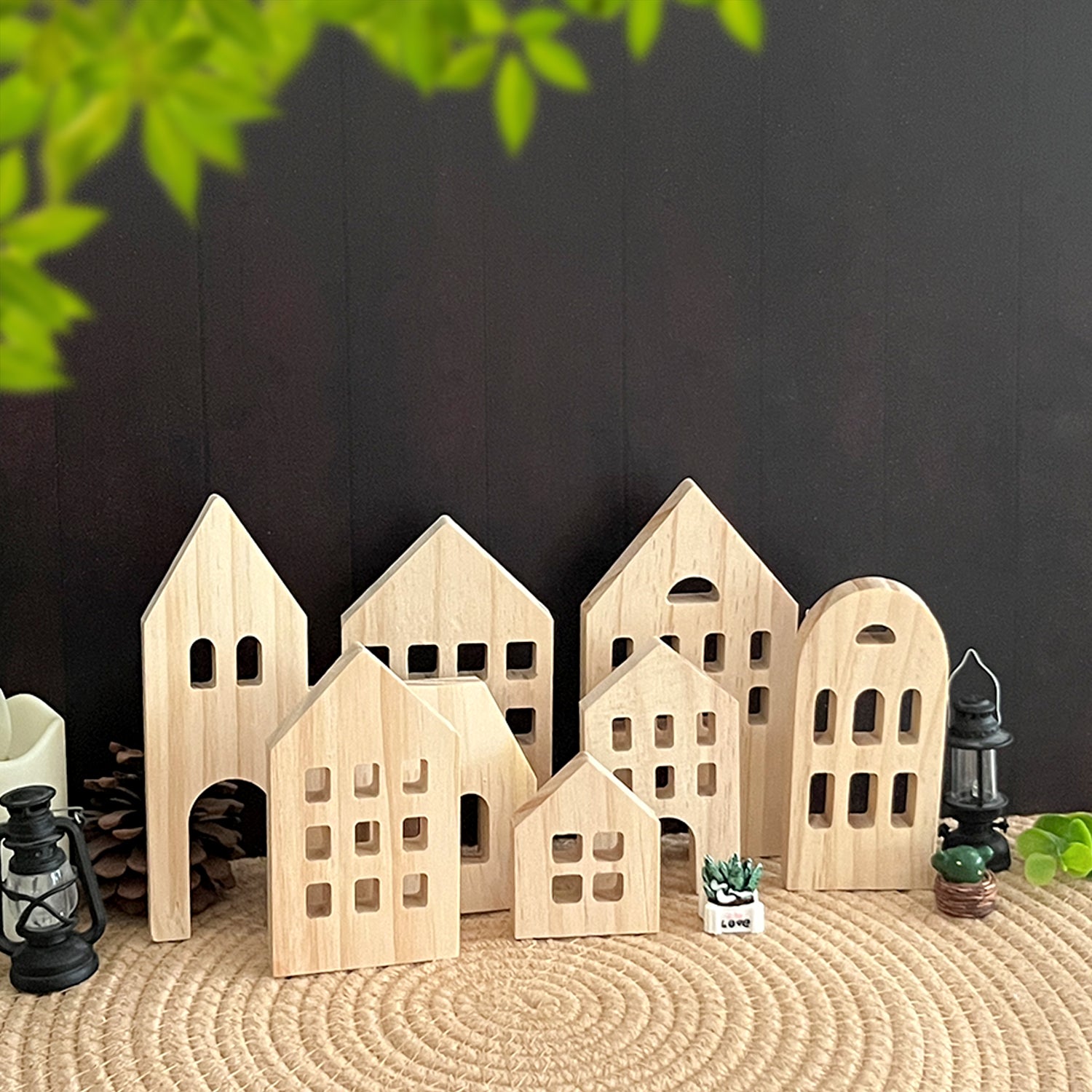 Wooden House Shaped Blank Cutout Blocks with Hole, Unfinished Wood Silhouettes, Set of 7, for Home Kitchen Office Shelf Coffee Bar Decor
