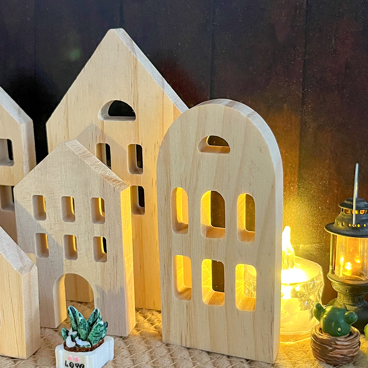 Wooden House Shaped Blank Cutout Blocks with Hole, Unfinished Wood Silhouettes, Set of 7, for Home Kitchen Office Shelf Coffee Bar Decor