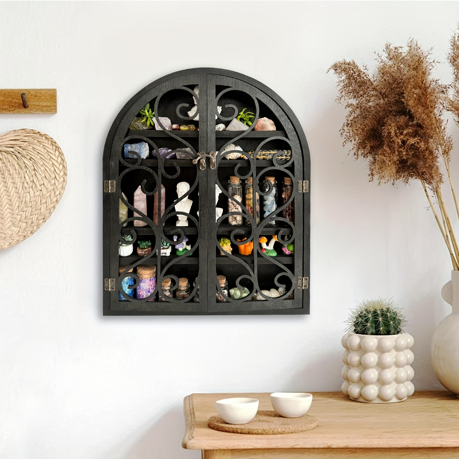 Apothecary Cabinet Floating Shelf, Hardwood Crystal Display Cabinet for Stones, Essential Oils, Nail Polish, Witchy Whimsical Home Decor