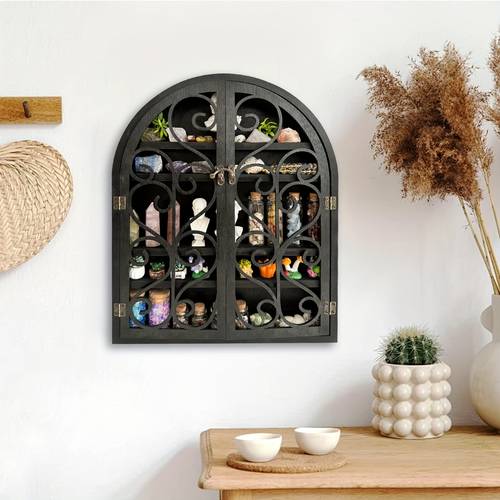 Apothecary Cabinet Floating Shelf, Hardwood Crystal Display Cabinet for Stones, Essential Oils, Nail Polish, Witchy Whimsical Home Decor