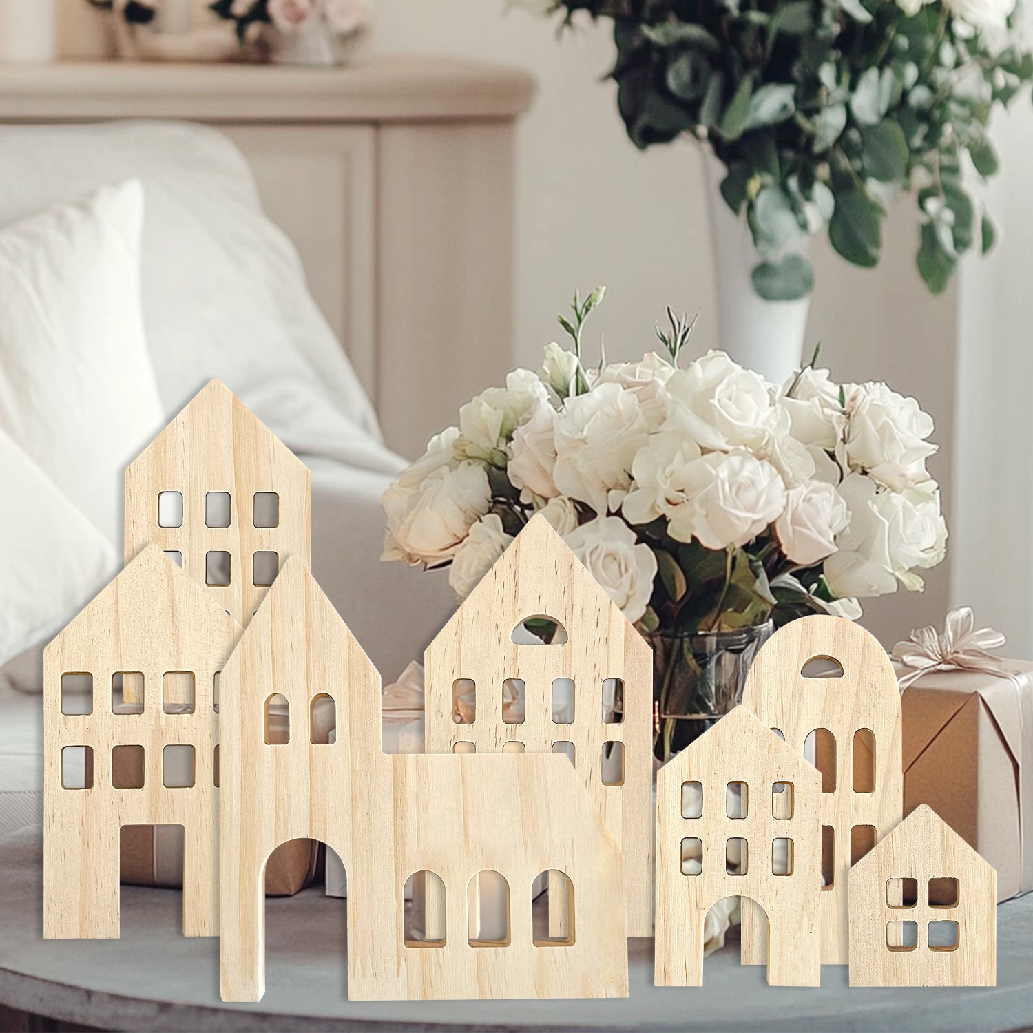 Wooden House Shaped Blank Cutout Blocks with Hole, Unfinished Wood Silhouettes, Set of 7, for Home Kitchen Office Shelf Coffee Bar Decor