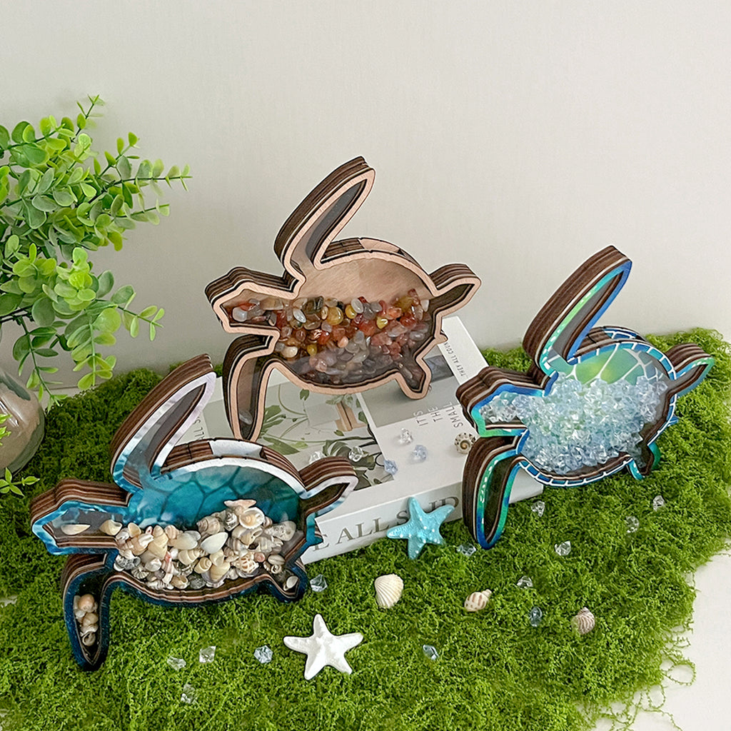 Wooden Display Case with Acrylic Window, Shadow Box for Seashells, Agates, Beach Glass, Sea Turtle, Maple (Blue & Green))